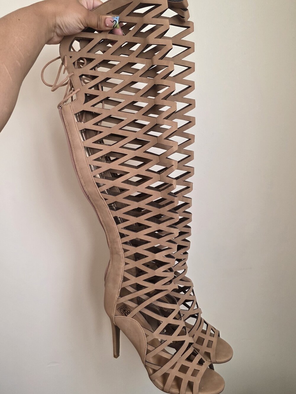 Speed Limit 98 Tan Lattice Knee-High Gladiator Heels